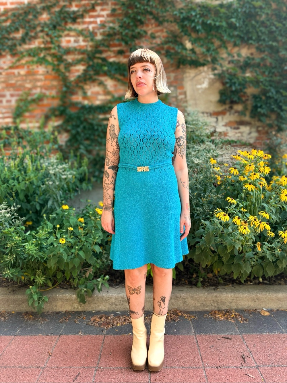 Vintage 1960s St. John Knits Aqua Blue, Belted Dress, Size 8-10